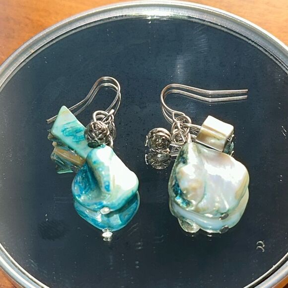 Aqua blue & white stone or shell with silver bead wire drop earrings - Picture 1 of 3